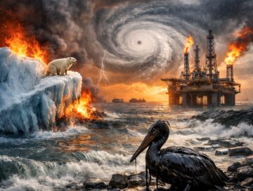 IMAGE: A hyper-realistic, AI-generated scene showing a burning iceberg, a powerful hurricane, oil platforms on fire, flooding and oil-covered wildlife, symbolizing the climate emergency driven by fossil fuels and extreme weather