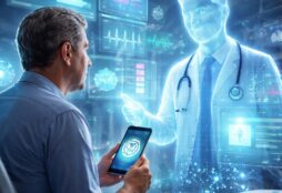 IMAGE: A patient looks at a smartphone while a holographic AI doctor, surrounded by digital medical data, appears to offer guidance, symbolizing the tension between technology and healthcare