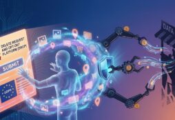 IMAGE: a glowing, translucent figure of a person pressing a "SUBMIT" button on a large tablet screen for a "DELETE REQUEST AND OPT-OUT PLATFORM (DROP)." This action creates a blue force field shield that blocks a mechanical arm from a shadowy "DATA BROKERS" building, which is trying to extract money and data. The tablet also displays the GDPR logo