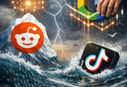 IMAGE: A dramatic illustration showing Reddit rising above stormy digital waves while TikTok sinks, as a powerful hand symbolizing Google manipulates the flow of attention from above