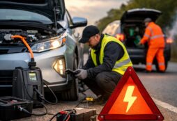 IMAGE: A roadside scene where an electric car is being quickly serviced by a technician, while a petrol car in the background appears more complex to handle, highlighting the simplicity and reliability of electric vehicles