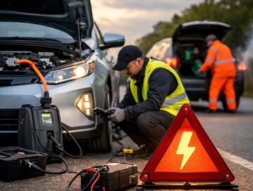 IMAGE: A roadside scene where an electric car is being quickly serviced by a technician, while a petrol car in the background appears more complex to handle, highlighting the simplicity and reliability of electric vehicles