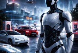 IMAGE: A futuristic humanoid robot stands in the foreground of a night-time city, while several Tesla electric cars charge behind it, suggesting a transition from cars to robotics and autonomous technology