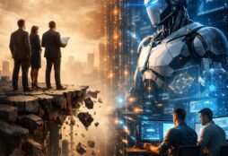 IMAGE: A split scene showing traditional business consultants standing on a crumbling cliff on one side, and engineers working alongside a powerful humanoid AI system on the other, symbolizing the shift from strategy to execution in the age of artificial intelligence