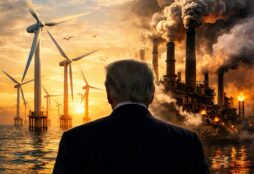 IMAGE: A dramatic illustration showing a political figure seen from behind, facing a sharp contrast between offshore wind turbines over a calm sea on one side and a dark, polluting fossil-fuel power plant on the other, symbolizing the choice between clean energy and industrial pollution