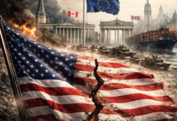 IMAGE: A cracked and burning U.S. flag dominates the foreground, split down the middle, while European and Canadian landmarks and flags stand in the background under dark clouds, suggesting a breakdown of alliances and global power shifts