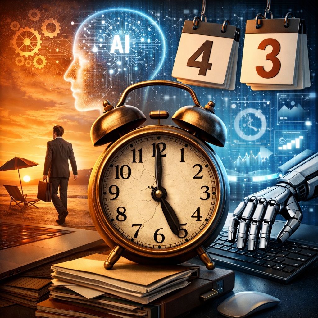 IMAGE: A conceptual illustration showing a large analog clock in the foreground, blending into a split scene where traditional office work fades into a more relaxed, technology-driven future, with subtle visual cues of artificial intelligence and free time coexisting 