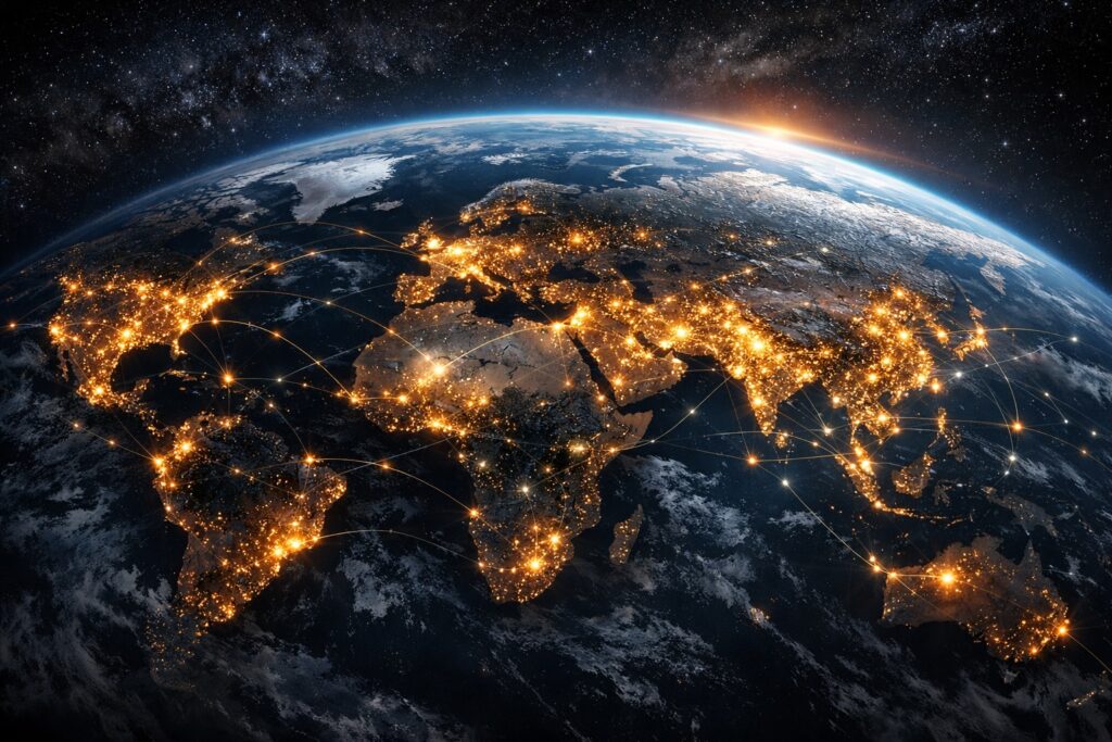 IMAGE: A hyper-realistic view of Earth from space at night, with continents glowing in clusters of light and interconnected by bright digital lines, suggesting multiple centers of technological power spread across the world rather than a single dominant axis