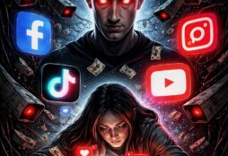IMAGE: A menacing, shadowed man with glowing red eyes looms over a weary young woman hunched over her phone; floating logos (Facebook, Instagram, TikTok, YouTube), red notification icons, surveillance cameras and falling dollar bills surround them, evoking addiction, surveillance and monetization