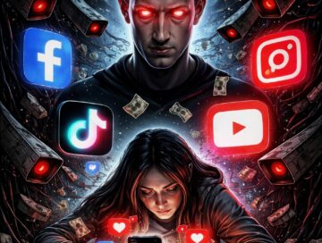 IMAGE: A menacing, shadowed man with glowing red eyes looms over a weary young woman hunched over her phone; floating logos (Facebook, Instagram, TikTok, YouTube), red notification icons, surveillance cameras and falling dollar bills surround them, evoking addiction, surveillance and monetization