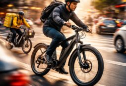 IMAGE: A fast-moving electric bicycle rider crosses a busy city intersection at speed, with blurred cars and buildings around him and another delivery rider following behind, conveying both the efficiency and the risk of e-bikes in dense urban traffic