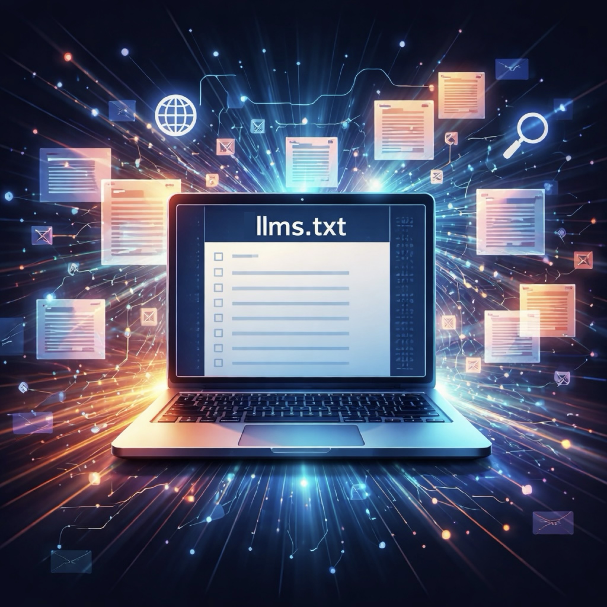 IMAGE: A laptop screen displaying a file called "llms.txt", with lines of text, surrounded by floating documents and data icons that suggest information flowing between a website and artificial intelligence systems