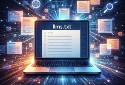 IMAGE: A laptop screen displaying a file called "llms.txt", with lines of text, surrounded by floating documents and data icons that suggest information flowing between a website and artificial intelligence systems