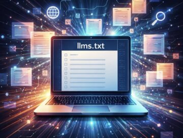 IMAGE: A laptop screen displaying a file called "llms.txt", with lines of text, surrounded by floating documents and data icons that suggest information flowing between a website and artificial intelligence systems