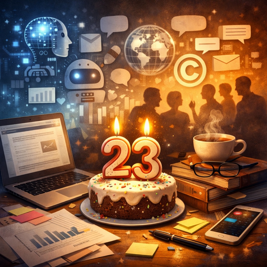 IMAGE: A birthday cake with lit candles shaped “23” on a desk with a laptop, books, coffee, and papers. In the background, digital icons and silhouettes of people suggest technology, data, and conversation 