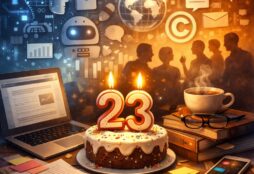 IMAGE: A birthday cake with lit candles shaped “23” on a desk with a laptop, books, coffee, and papers. In the background, digital icons and silhouettes of people suggest technology, data, and conversation