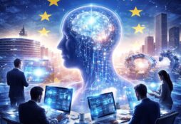 IMAGE: A futuristic scene showing a glowing, circuit-filled human head towering over business professionals working on computers, with European Union stars in the sky and a modern city skyline in the background, symbolizing AI transforming European workplaces