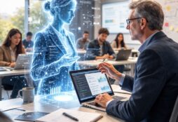 IMAGE: A hyper-realistic scene of a professor in a modern classroom interacting with a luminous AI hologram while students observe, symbolizing the integration of artificial intelligence into everyday academic life