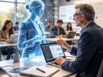 IMAGE: A hyper-realistic scene of a professor in a modern classroom interacting with a luminous AI hologram while students observe, symbolizing the integration of artificial intelligence into everyday academic life