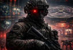 IMAGE: A futuristic soldier with a glowing red visor stands in front of the Pentagon, surrounded by drones and digital surveillance screens, symbolizing AI-driven warfare and mass monitoring