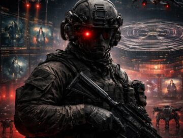 IMAGE: A futuristic soldier with a glowing red visor stands in front of the Pentagon, surrounded by drones and digital surveillance screens, symbolizing AI-driven warfare and mass monitoring