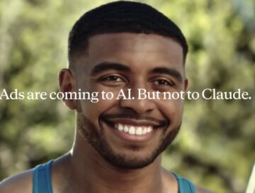 IMAGE: A screen capture of a Super Bowl ad by Anthropic, with a personal trainer smiling and, over imposed, a text reading "Ads are coming to AI. But not to Claude"