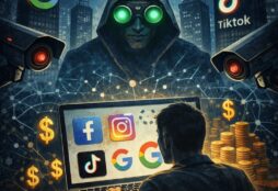 IMAGE: A person using a laptop is watched by a hooded figure with glowing goggles, surrounded by social media logos, cameras, and dollar signs, symbolizing surveillance-based digital business models