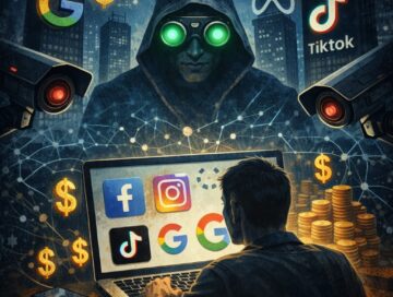 IMAGE: A person using a laptop is watched by a hooded figure with glowing goggles, surrounded by social media logos, cameras, and dollar signs, symbolizing surveillance-based digital business models
