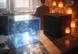 IMAGE: A hyper-realistic scene shows two cubes on a desk: one made of clear glass revealing glowing digital circuits inside, symbolizing transparency, and another opaque black cube surrounded by floating lock icons, representing hidden or unaccountable systems, with a blurred official working in the background