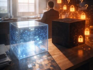 IMAGE: A hyper-realistic scene shows two cubes on a desk: one made of clear glass revealing glowing digital circuits inside, symbolizing transparency, and another opaque black cube surrounded by floating lock icons, representing hidden or unaccountable systems, with a blurred official working in the background