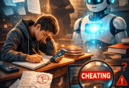 IMAGE: A teenage student sits at a desk in a dimly lit classroom, writing in a notebook while looking at a smartphone, as a glowing humanoid robot stands beside him and digital screens display data and the word “cheating” under a magnifying glass, symbolizing the tension between artificial intelligence, learning, and academic integrity