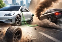 IMAGE: A split urban scene showing a clean electric car connected to a charging cable on one side with clear air and bright light, contrasted with a gasoline car on the other side emitting thick black exhaust and dust, with a worn tire in the foreground symbolizing the debate about pollution sources