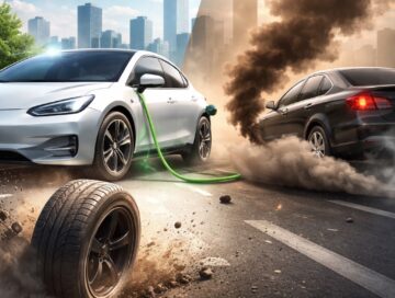 IMAGE: A split urban scene showing a clean electric car connected to a charging cable on one side with clear air and bright light, contrasted with a gasoline car on the other side emitting thick black exhaust and dust, with a worn tire in the foreground symbolizing the debate about pollution sources