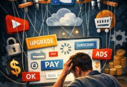 IMAGE: A frustrated person sits in front of a laptop covered with intrusive pop-ups, ads, and payment buttons, while large robotic hands above manipulate the interface like a puppet, symbolizing loss of control and deliberate product degradation