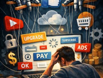 IMAGE: A frustrated person sits in front of a laptop covered with intrusive pop-ups, ads, and payment buttons, while large robotic hands above manipulate the interface like a puppet, symbolizing loss of control and deliberate product degradation