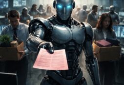 IMAGE: A humanoid robot with glowing blue eyes hands a pink termination letter to an office worker while anxious employees pack their belongings in the background of a dimly lit corporate office