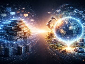 IMAGE: An abstract illustration contrasts stacks of text and data representing language models with a glowing globe and physical systems representing world models, symbolizing the shift from text-based AI to systems that understand reality