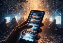 IMAGE: A hand holds a glowing smartphone showing an endless social media feed, while surveillance cameras and streams of data loom overhead, symbolizing addictive design driven by data extraction and targeted advertising