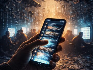 IMAGE: A hand holds a glowing smartphone showing an endless social media feed, while surveillance cameras and streams of data loom overhead, symbolizing addictive design driven by data extraction and targeted advertising
