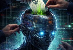 IMAGE: A humanoid robot with a transparent, data-filled head is being fed a glowing green “poisoned” document marked with a skull by human hands, against a dark background of cascading code and digital noise