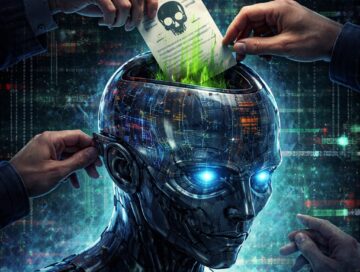 IMAGE: A humanoid robot with a transparent, data-filled head is being fed a glowing green “poisoned” document marked with a skull by human hands, against a dark background of cascading code and digital noise