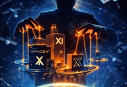 IMAGE: A silhouetted tech executive manipulates glowing corporate structures floating in space above Earth, surrounded by satellites, symbolizing financial power and control