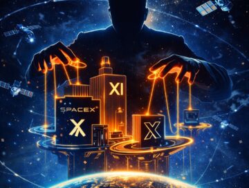 IMAGE: A silhouetted tech executive manipulates glowing corporate structures floating in space above Earth, surrounded by satellites, symbolizing financial power and control
