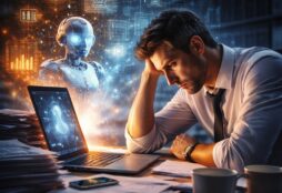 IMAGE: A tired office worker sits at a cluttered desk late at night, staring at a laptop while a glowing humanoid AI figure appears beside him, symbolizing technology increasing workload rather than reducing it