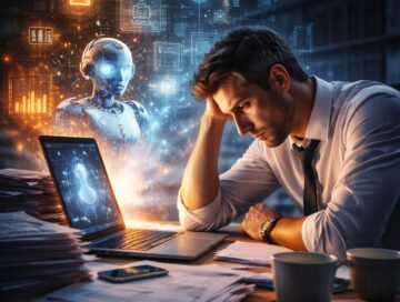 IMAGE: A tired office worker sits at a cluttered desk late at night, staring at a laptop while a glowing humanoid AI figure appears beside him, symbolizing technology increasing workload rather than reducing it