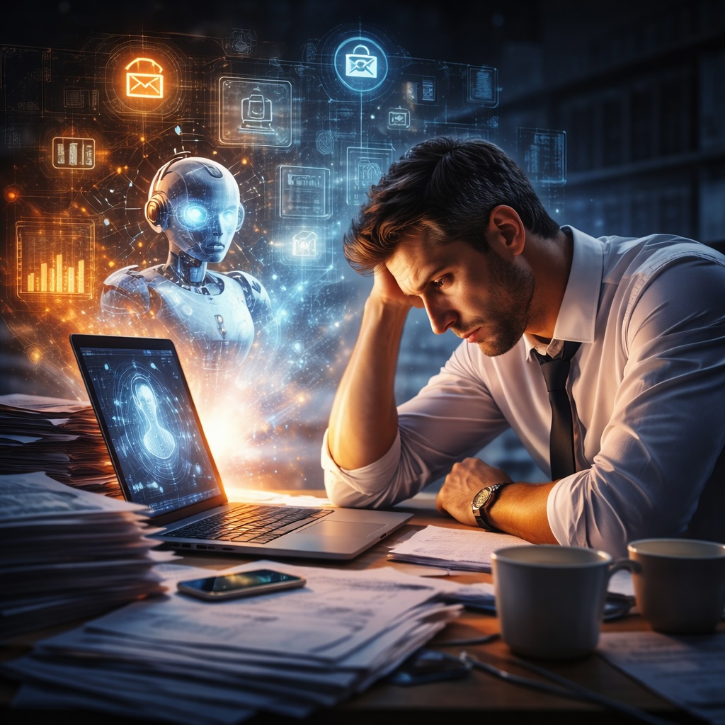 IMAGE: A tired office worker sits at a cluttered desk late at night, staring at a laptop while a glowing humanoid AI figure appears beside him, symbolizing technology increasing workload rather than reducing it