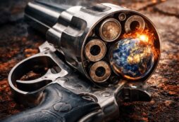IMAGE: A revolver lies on scorched ground with its cylinder open, and instead of a bullet, a small burning Earth sits in one chamber, glowing with fire and smoke, an unsettling visual metaphor for humanity playing Russian roulette with the planet’s climate