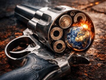 IMAGE: A revolver lies on scorched ground with its cylinder open, and instead of a bullet, a small burning Earth sits in one chamber, glowing with fire and smoke, an unsettling visual metaphor for humanity playing Russian roulette with the planet’s climate