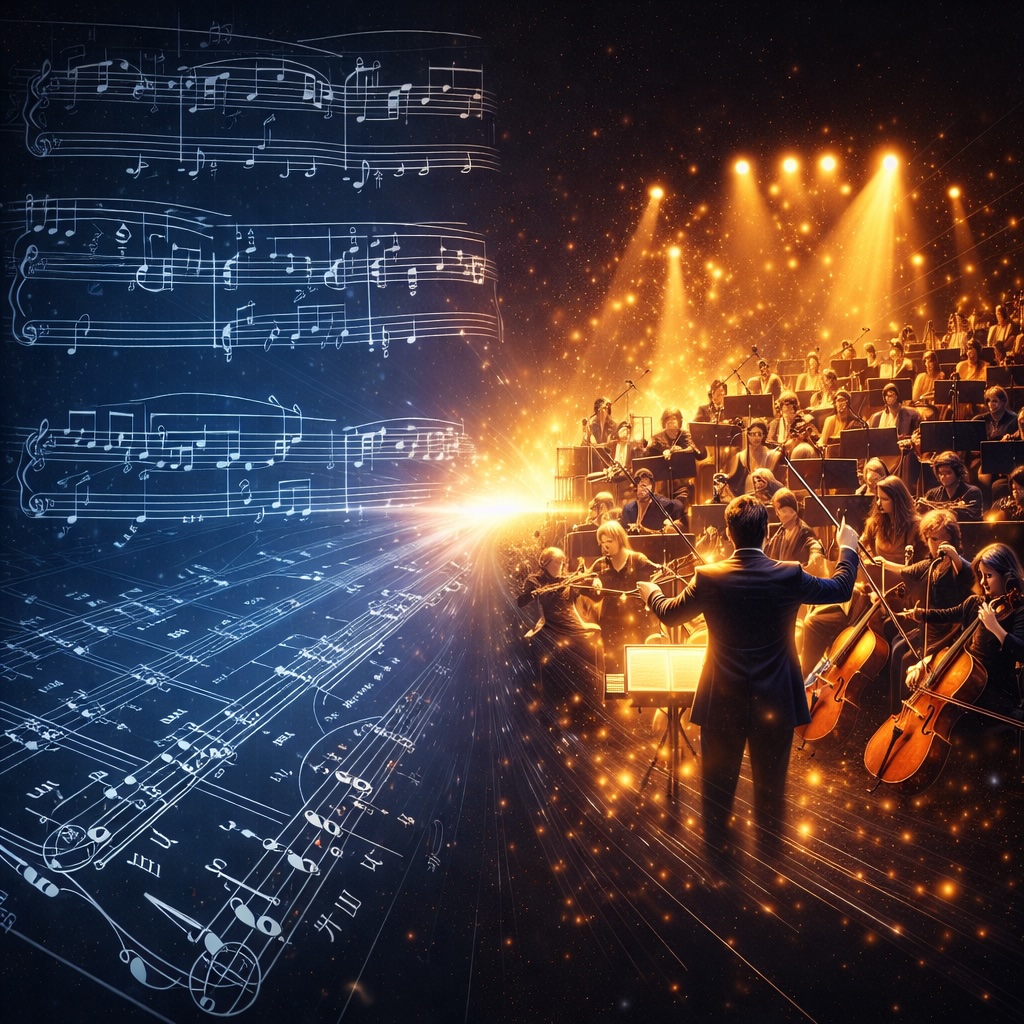 IMAGE: IMAGE A contrast between written sheet music with a live orchestra in performance, symbolizing the difference between static representations and AI systems that understand and respond to real-world dynamics