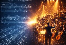 IMAGE: IMAGE A contrast between written sheet music with a live orchestra in performance, symbolizing the difference between static representations and AI systems that understand and respond to real-world dynamics